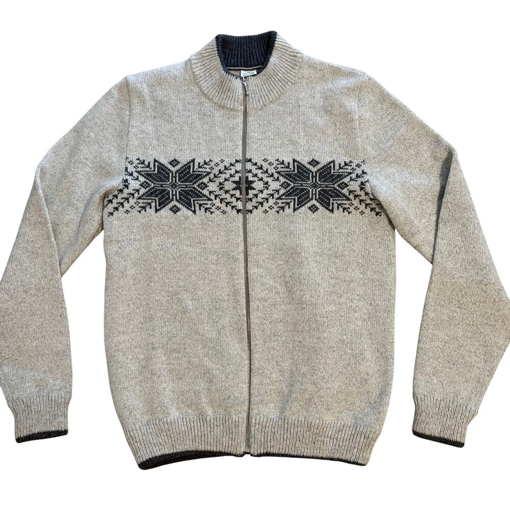 Vintage Estonian Mens 100% Wool Nordic Zip Front Cardigan Sweater Grey Preppy